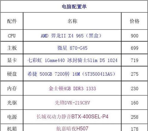 电脑配置清单（如何根据需求选择适合自己的电脑配置）